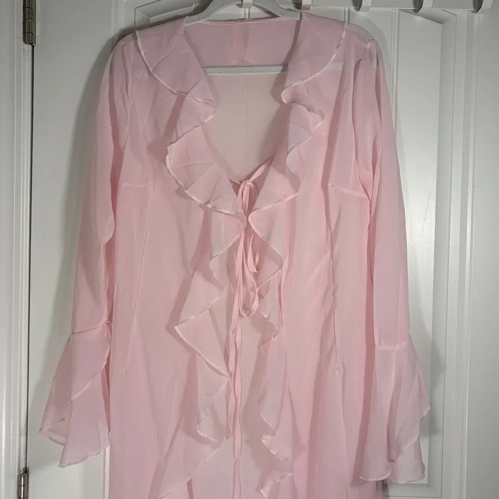Sheer Pink Ruffle Maxi Robe Long Bell Sleeve Chiffon Cover Up Tie Front 60